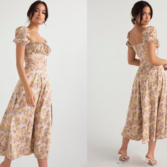 HOUSE OF CB 'Tallulah' Peony Print Puff Sleeve Midi Sundress NWOT - Picture 2 of 4